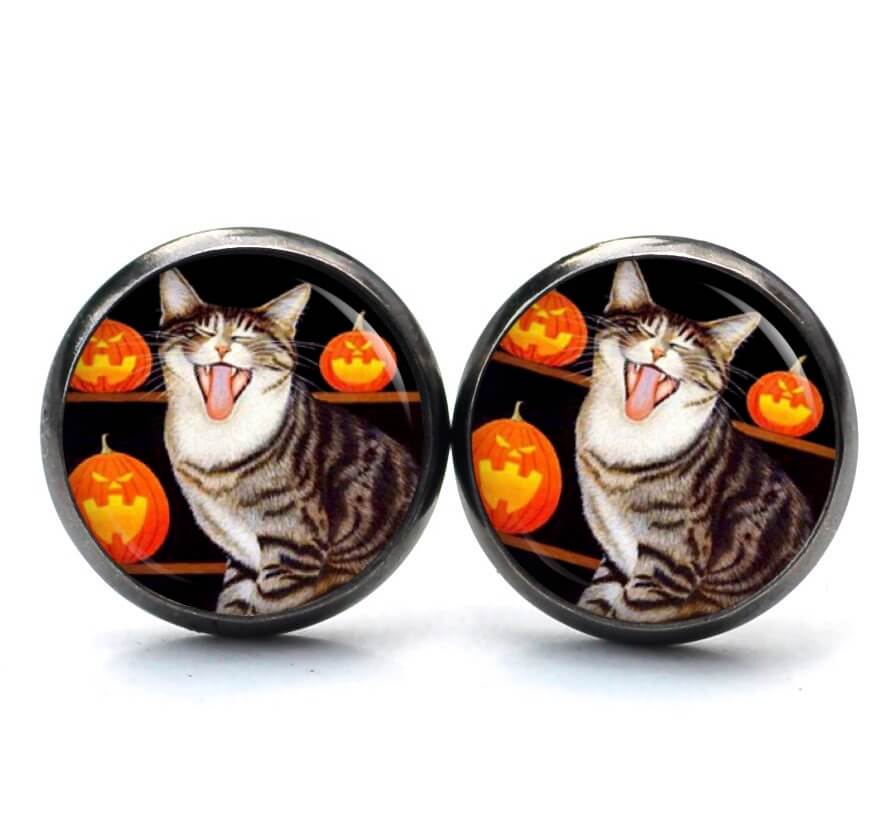 Katze Schmuckset – Kette & Ohrringe – Halloween Katze Orange Schwarz – Geschenk für Katzenliebhaber Katze Schmuckset – Kette & Ohrringe – Halloween Katze Orange Schwarz – Geschenk für Katzenliebhaber