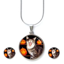 Schmuckset Halloween Katze mit Kürbissen – Kette & Ohrringe aus Edelstahl