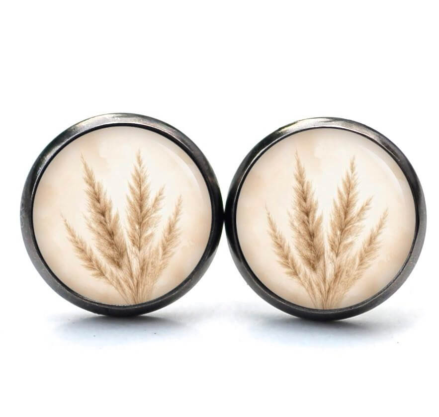 Pampasgras Schmuckset – Kette & Ohrringe – Beige Creme Boho Motiv – Natur Geschenk für Frauen Ohrstecker, Ohrhänger, Clipse & Druckknopf - Motiv Pampasgras beige - Schmuck aus Edelstahl