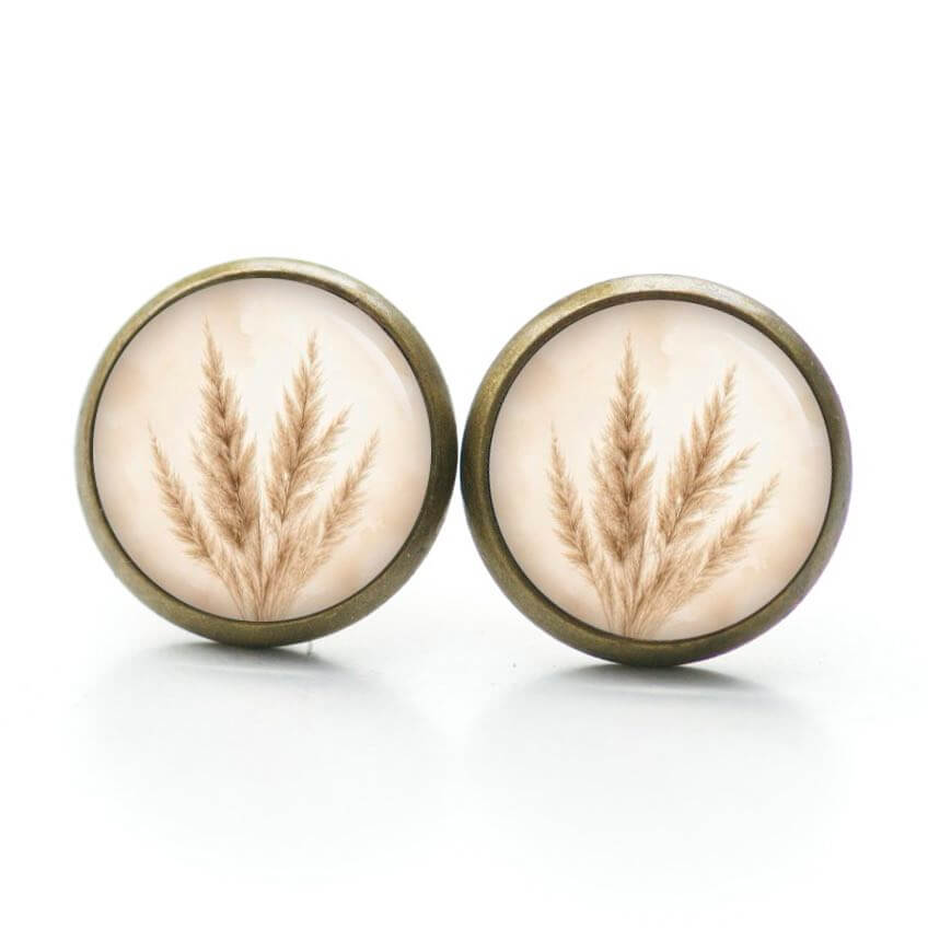 Pampasgras Schmuckset – Kette & Ohrringe – Beige Creme Boho Motiv – Natur Geschenk für Frauen Ohrstecker, Ohrhänger, Clipse & Druckknopf - Motiv Pampasgras beige - Schmuck aus Edelstahl