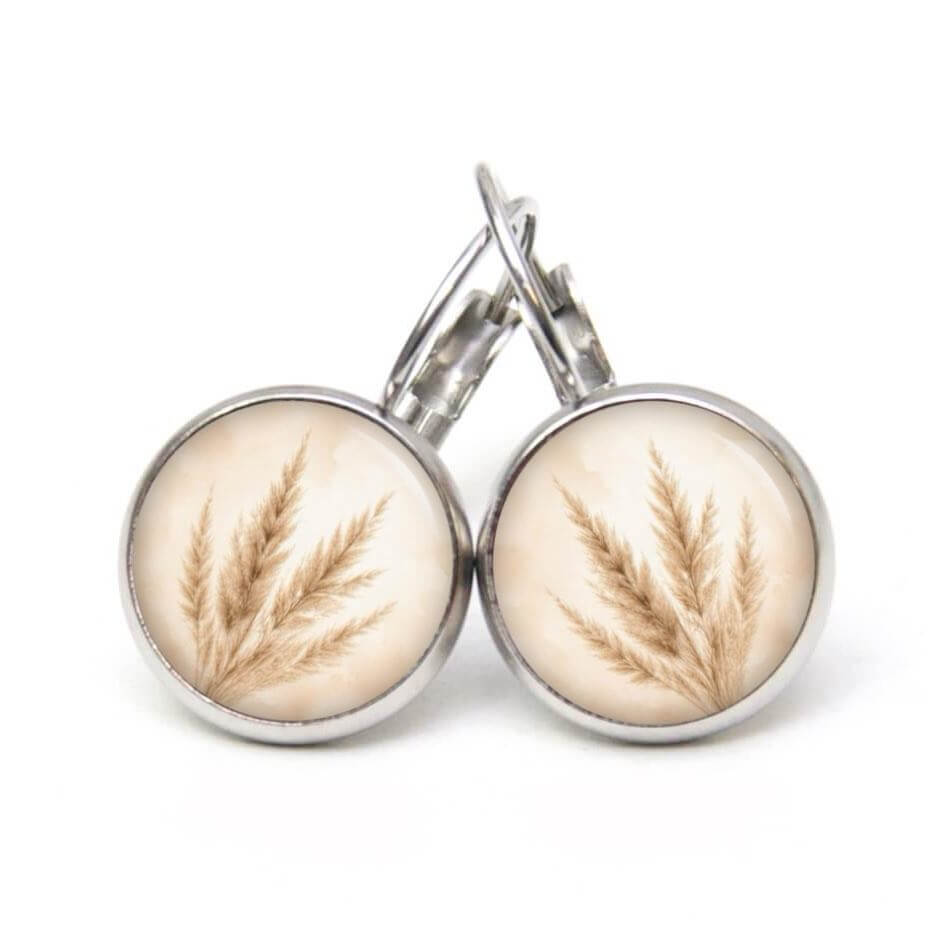 Pampasgras Schmuckset – Kette & Ohrringe – Beige Creme Boho Motiv – Natur Geschenk für Frauen Ohrstecker, Ohrhänger, Clipse & Druckknopf - Motiv Pampasgras beige - Schmuck aus Edelstahl