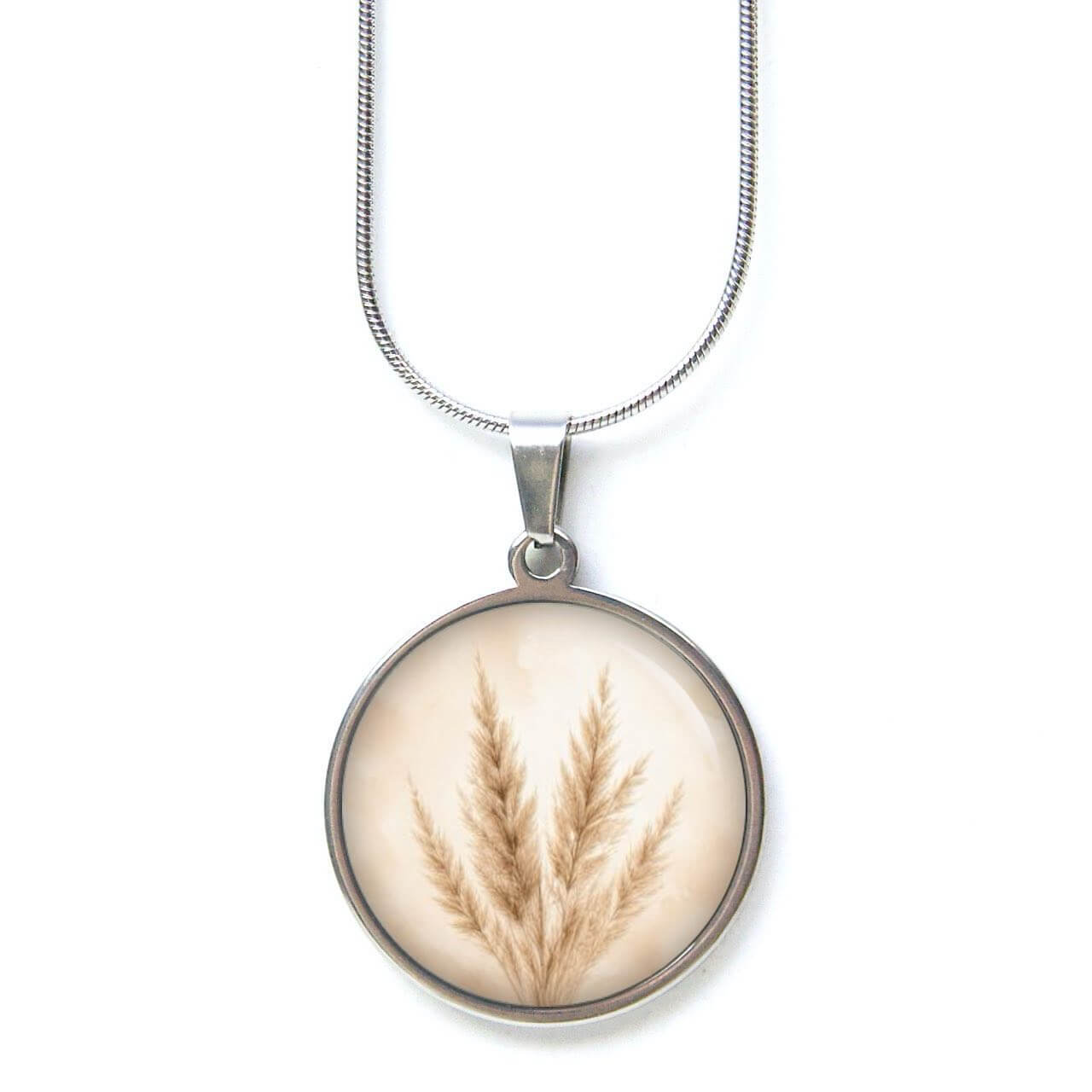 Pampasgras Schmuckset – Kette & Ohrringe – Beige Creme Boho Motiv – Natur Geschenk für Frauen Ohrstecker, Ohrhänger, Clipse & Druckknopf - Motiv Pampasgras beige - Schmuck aus Edelstahl