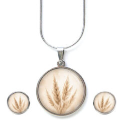 Pampasgras Schmuckset – Kette & Ohrringe – Beige Creme Boho Motiv – Natur Geschenk für Frauen Ohrstecker, Ohrhänger, Clipse & Druckknopf - Motiv Pampasgras beige - Schmuck aus Edelstahl