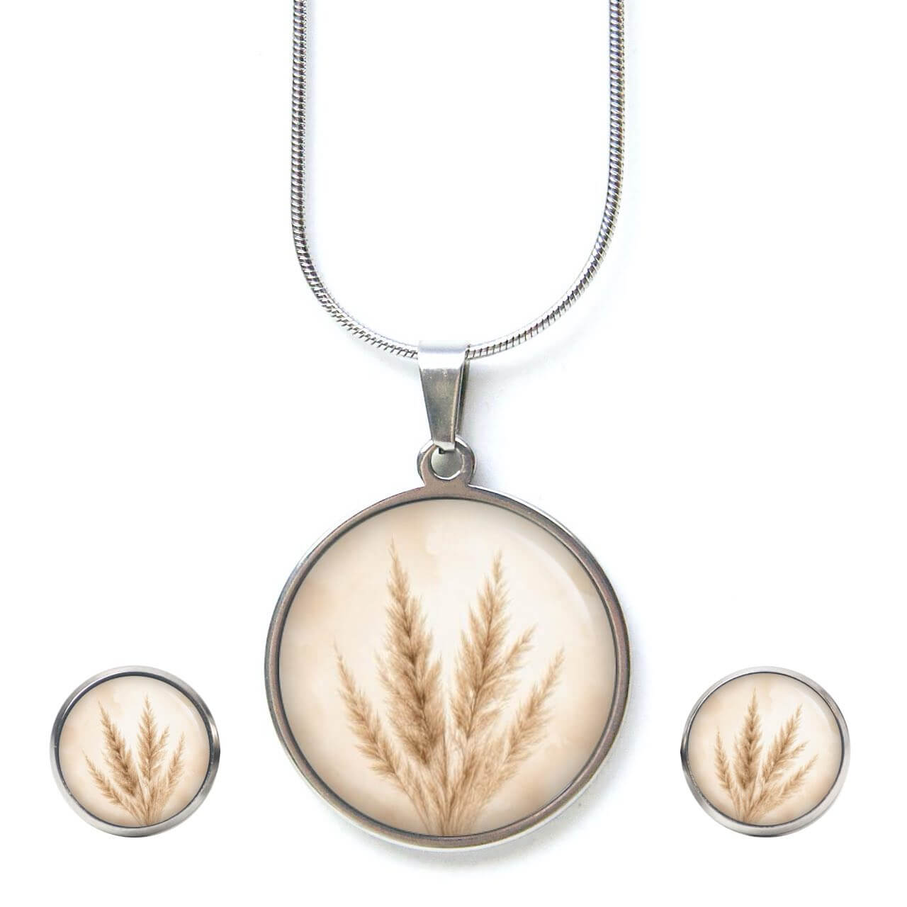 Pampasgras Schmuckset – Kette & Ohrringe – Beige Creme Boho Motiv – Natur Geschenk für Frauen Ohrstecker, Ohrhänger, Clipse & Druckknopf - Motiv Pampasgras beige - Schmuck aus Edelstahl