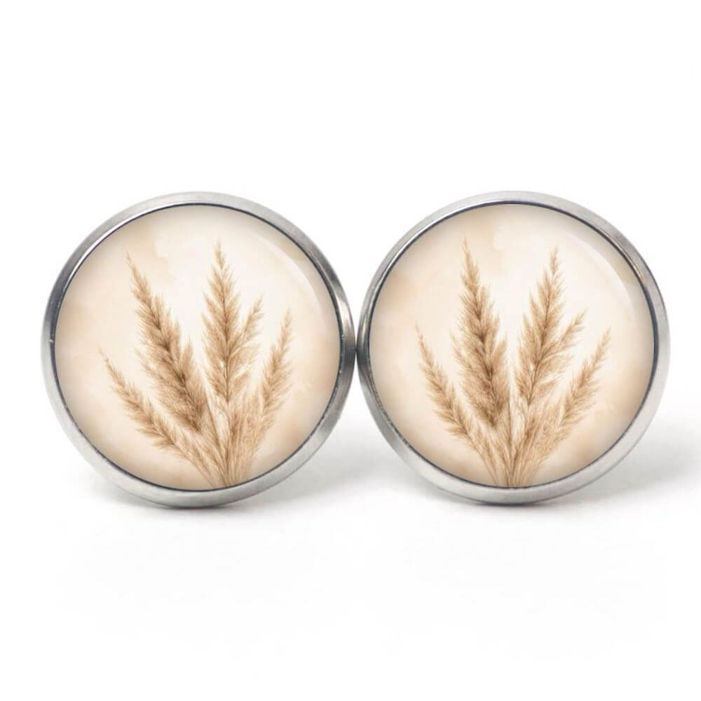Pampasgras Schmuckset – Kette & Ohrringe – Beige Creme Boho Motiv – Natur Geschenk für Frauen Ohrstecker, Ohrhänger, Clipse & Druckknopf - Motiv Pampasgras beige - Schmuck aus Edelstahl