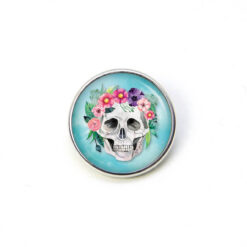 Druckknopf Chunk – Motiv Totenkopf mit Blumen türkis – 10 & 16 mm