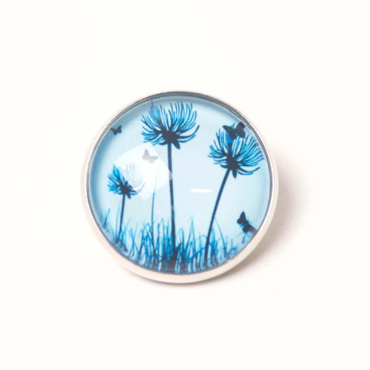 Druckknopf Chunk – Motiv Pusteblumen hellblau mit Schmetterlingen – 10 & 16 mm Druckknopf Chunk – Motiv Pusteblumen hellblau mit Schmetterlingen – 10 & 16 mm