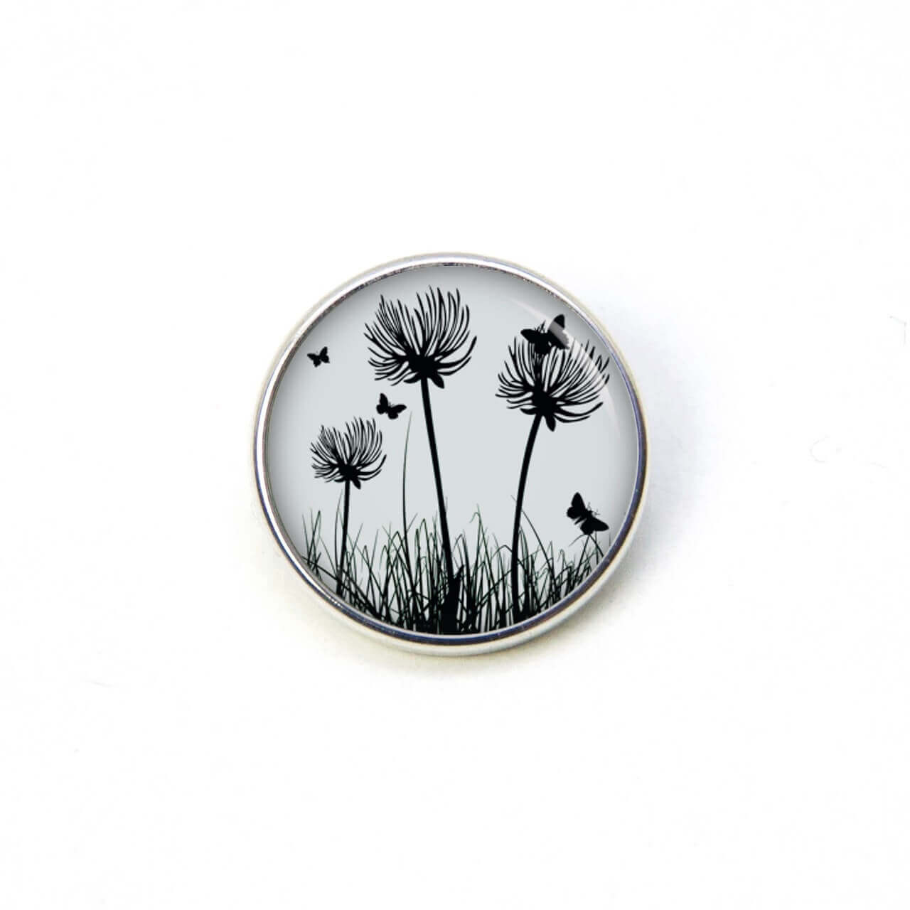 Druckknopf Chunk – Motiv Pusteblumen grau mit Schmetterlingen – 10 & 16 mm Druckknopf Chunk – Motiv Pusteblumen grau mit Schmetterlingen – 10 & 16 mm