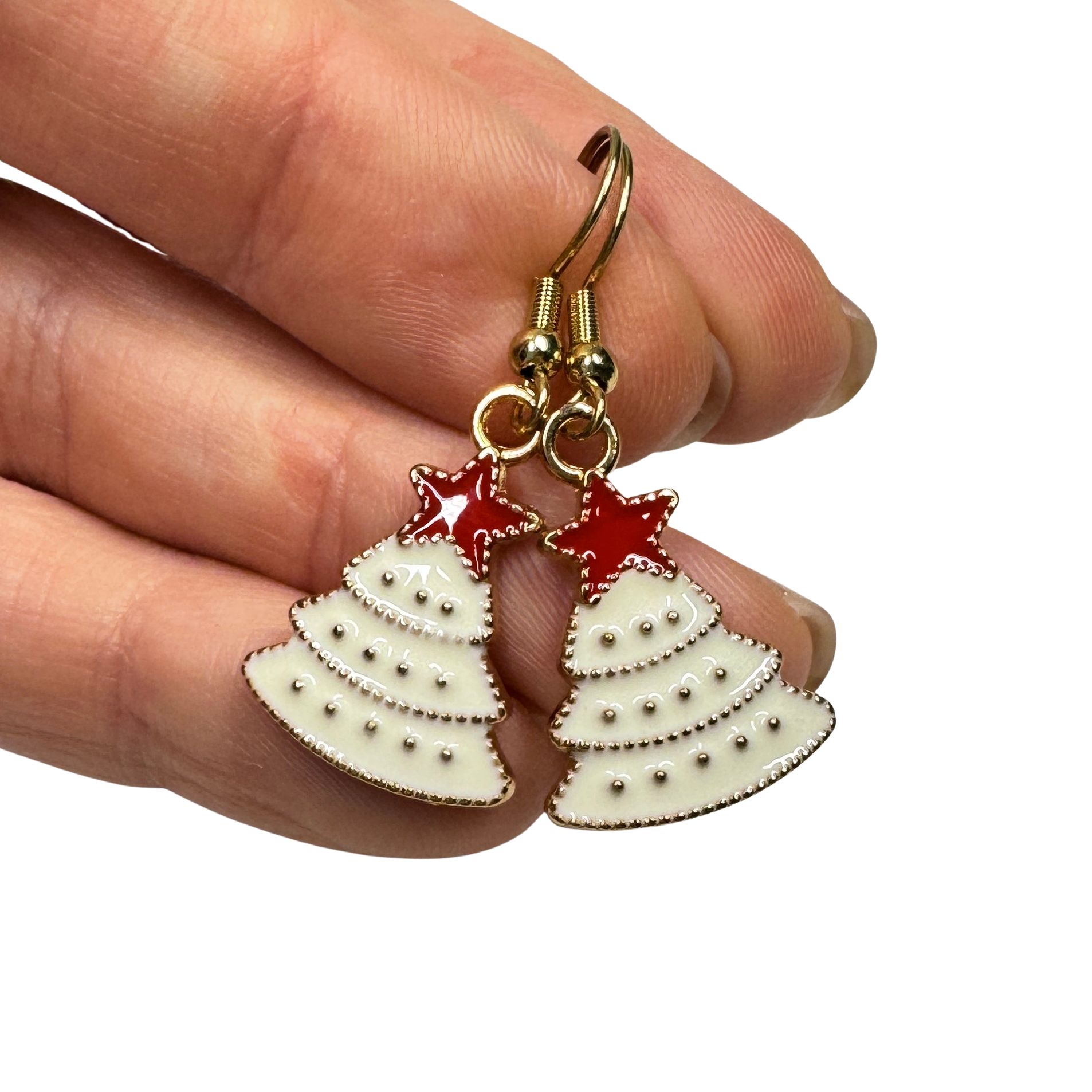 Weiße Tannenbaum Ohrhänger mit rotem Stern – weihnachtlicher Schmuck aus Edelstahl Weiße Tannenbaum Ohrhänger mit rotem Stern – weihnachtlicher Schmuck aus Edelstahl
