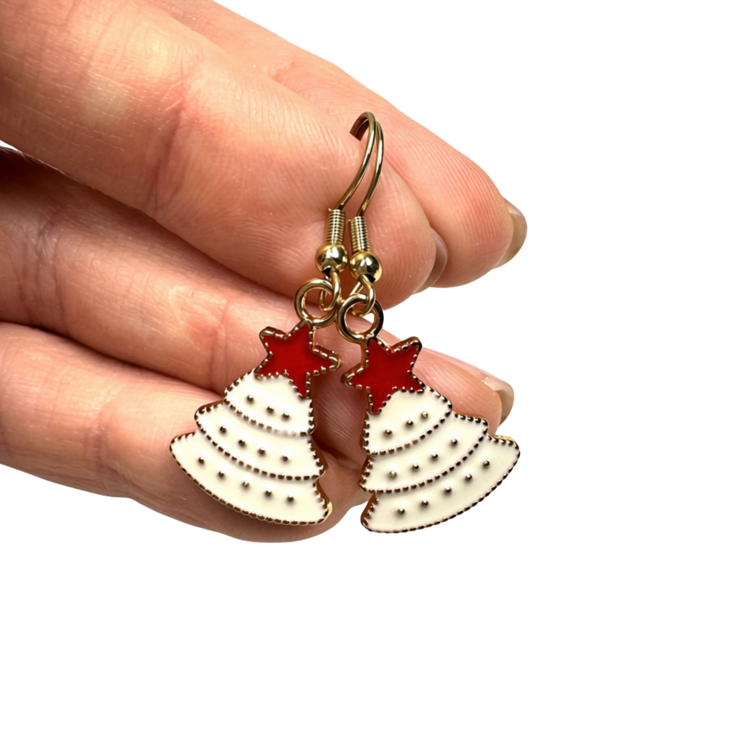 Weiße Tannenbaum Ohrhänger mit rotem Stern – weihnachtlicher Schmuck aus Edelstahl Weiße Tannenbaum Ohrhänger mit rotem Stern – weihnachtlicher Schmuck aus Edelstahl