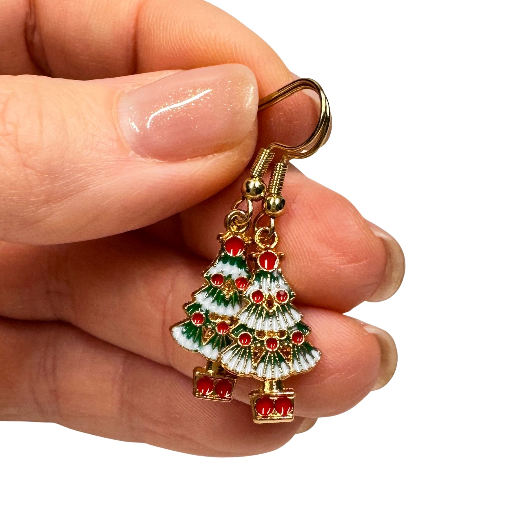 Verschneite Tannenbaum Ohrhänger mit roten Kugeln – weihnachtlicher Schmuck aus Edelstahl Verschneite Tannenbaum Ohrhänger mit roten Kugeln – weihnachtlicher Schmuck aus Edelstahl
