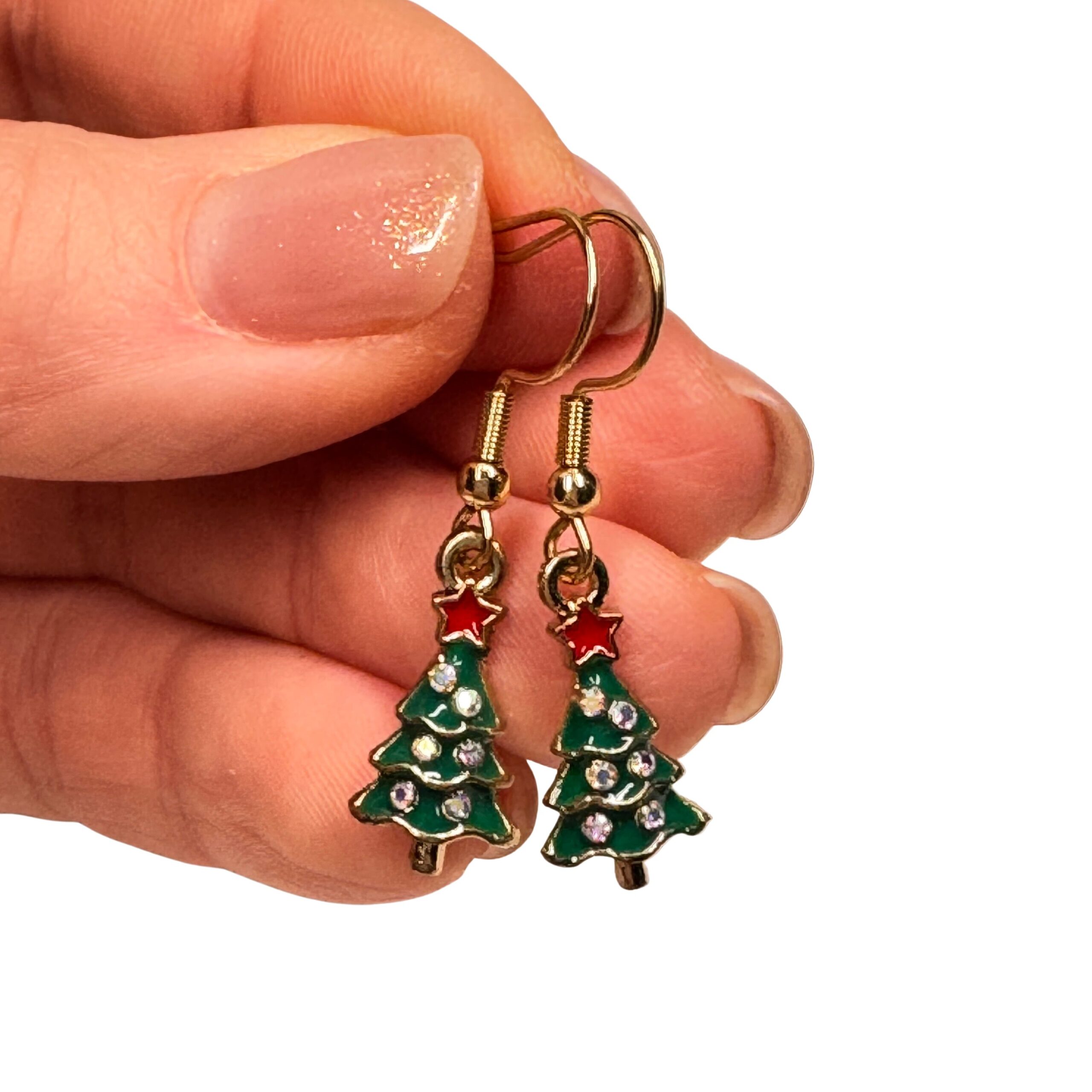 Tannenbaum Ohrhänger mit Strass und rotem Stern – weihnachtlicher Schmuck aus Edelstahl Tannenbaum Ohrhänger mit Strass und rotem Stern – weihnachtlicher Schmuck aus Edelstahl