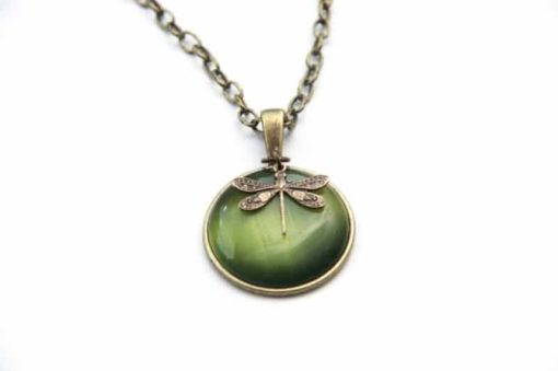 Vintage Halskette olive grüne Libelle - Bronze oder Edelstahl