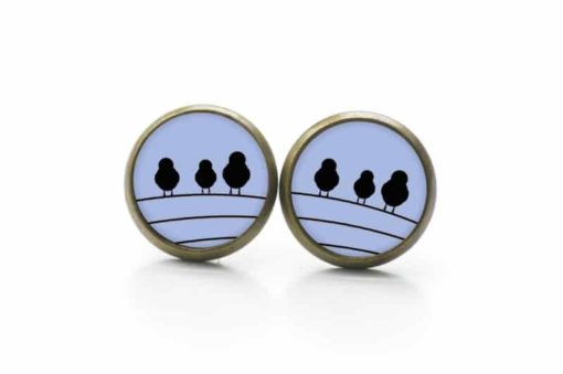 Druckknopf Ohrstecker Ohrhänger 3 Vögel auf dem Drahtseil Blau