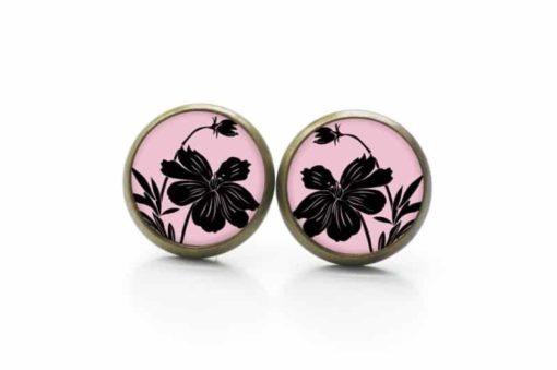 Druckknopf / Ohrstecker / Ohrhänger rosa mit schwarzen Blumen