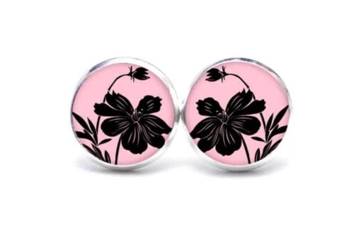 Druckknopf / Ohrstecker / Ohrhänger rosa mit schwarzen Blumen