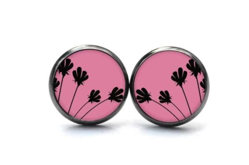 Druckknopf / Ohrstecker / Ohrhänger rosa mit schwarzen zarten Blumen