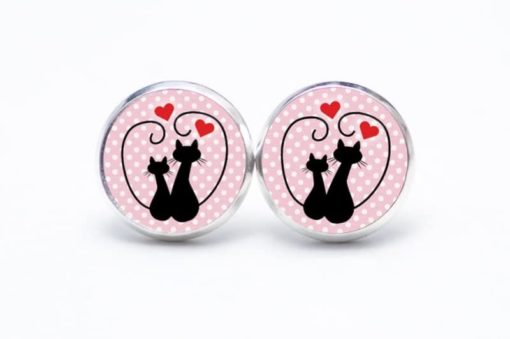 Druckknopf Ohrstecker Ohrhänger verliebte Katzen schwarz rosa