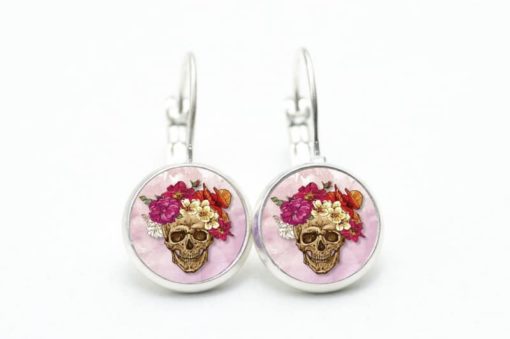 Druckknopf Ohrstecker Ohrhänger Totenkopf mit Blumen Frühling Rosa und Rot