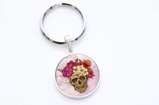 Schlüsselanhänger Totenkopf mit Blumen Frühling Rosa und Rot