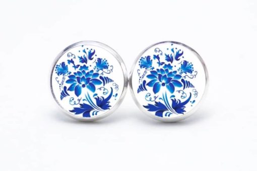Druckknopf / Ohrstecker / Ohrhänger wunderschöne blaue Blumen im Gzhel Stil