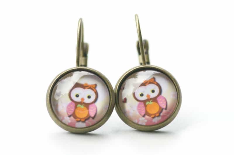 Druckknopf Ohrstecker Ohrhänger Clipse Eulen Dame mit einem Kürbis rosa orange Druckknopf Ohrstecker Ohrhänger Clipse Eulen Dame mit einem Kürbis rosa orange